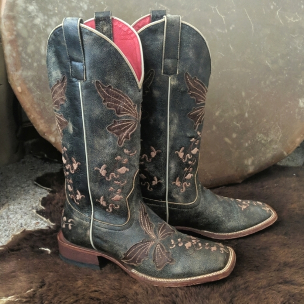 MACIE BEAN M9019 crackled gray/brown leather inlaid butterfly cowgirl boots sz 7